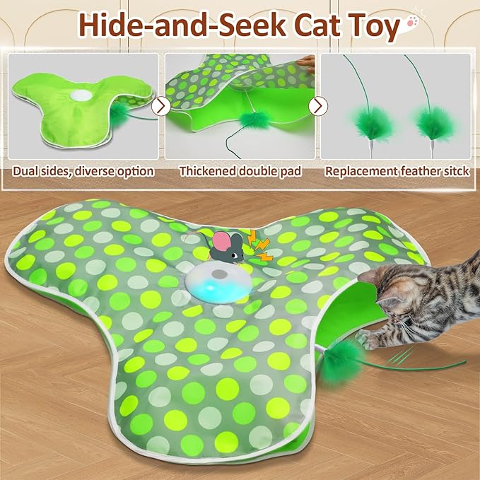 Interactive Cat Toy, Automatic Cat Toys for Indoor Cats, Hide and Seek Cat Toy with Motion Activated, Moving Feather, Chirping, USB Rechargeable