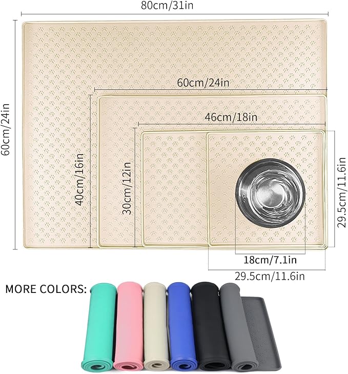 Ptlom Pet Placemat for Dog and Cat, Waterproof Non-Slip Silicone Feeding Bowl Mat Prevent Food and Water Overflow, Puppy Dish Feeder Fountain Trays Suitable for Medium and Small Pets, Beige