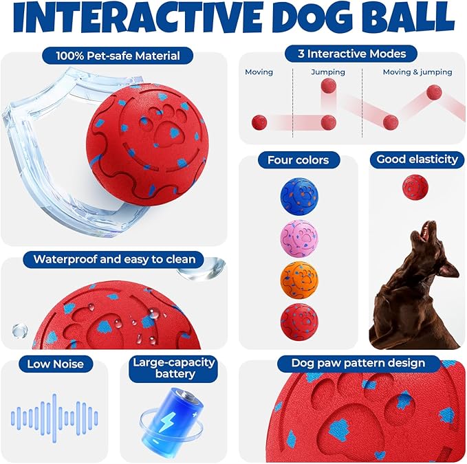 Dog Balls: Interactive Dog Ball Auto Rolling - Interactive Dog Toys for Aggressive Chewers - Bouncy & Throwable, Type-C Rechargeable, Washable, for Small & Medium & Large Dogs – Red