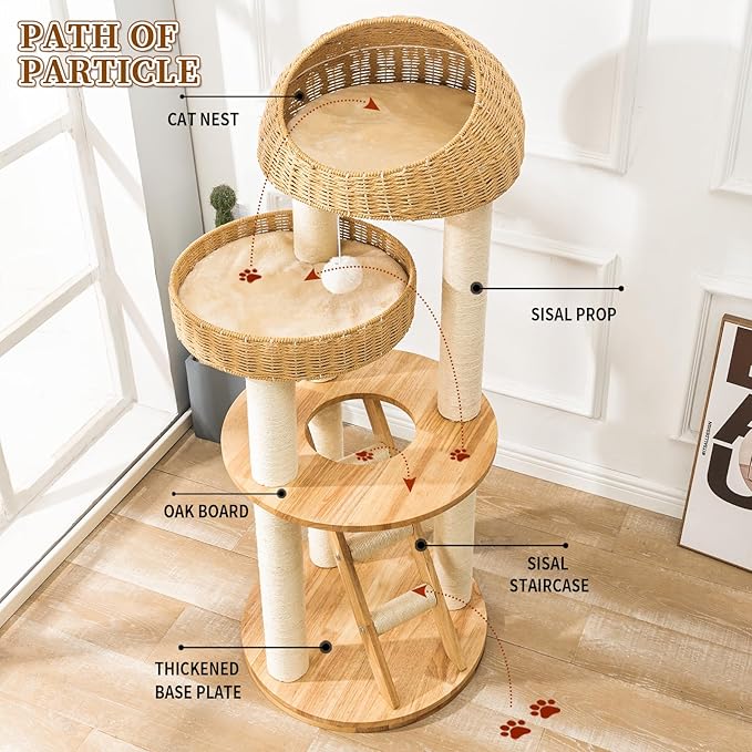 Big Modern Design Cat Tree Tower, Cat Tower Sisal-Covered Scratching Posts for Indoor Cats, Natural Oak Wood Cat Tree for Large Cats, Multi-Level Cat Condo with Sisal Staircase