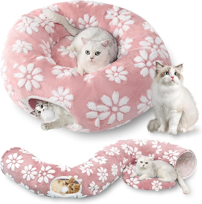 Cat Tunnel for Indoor Cats, Cute Peekaboo Cat Cave with Dangling Balls, Pet Donut Tunnel Bed with Circle Mat for Puppy Kitten Rabbit, Pink