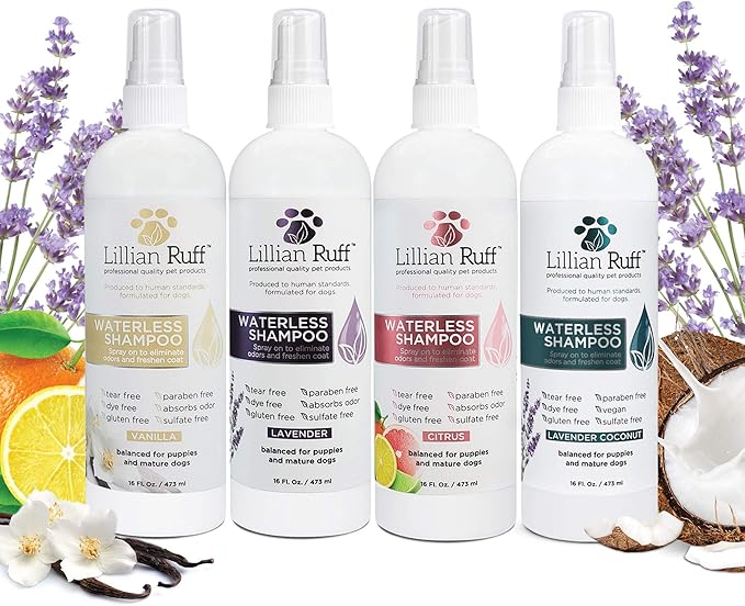 Lillian Ruff Waterless No-Rinse Dog Dry Shampoo Spray with Hydrating Essential Oils - pH-Balanced Dry Shampoo for Dogs - Clean, Condition, Detangle & Deodorize Dry, Sensitive Skin (Lavender)