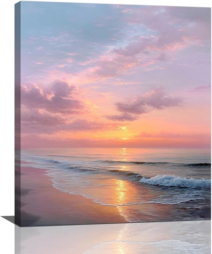 Beach Sunset Wall Art Ocean Coastal Scenery Wall Decor Seascape Picture Canvas Landscape Painting Print Framed Artwork Decorations for Living Room Office Bedroom Kitchen 24"x20"