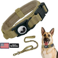 Tactical AirTag Dog Collar Leash Set - Heavy Duty, Adjustable GPS Collar Compatible with Apple AirTag, with Holder & Control Handle for Medium/Large Dogs [Brown, XL]