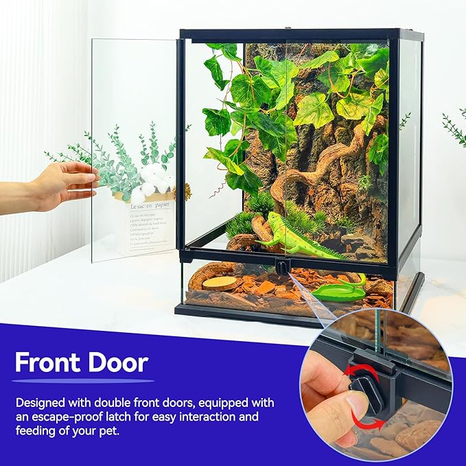 360° Clear View 12 Gallon 18x12.6x12.6 Glass Reptile Terrarium Suitable for Bearded Dragon, Chameleon, Crested Gecko, Multi-Pet Enclosure with Front Door, Excellent Ventilation, Hidden Wiring Holes