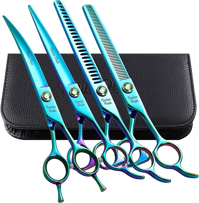 Fenice Peak Green Dog Grooming Scissors Set Straight Thinning Curved and Chunker Shears 4PCS Kit with Simulated Emerald Screw 440C Trimming Shears Durable and Sharp