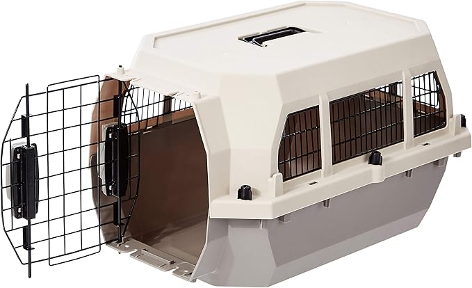 Amazon Basics Hard-Sided Dog and Cat Kennel Single-Door Travel Pet Carrier with Metal Wire Ventilation, 23.6"L x 15.7"W x 13.0"H, Beige