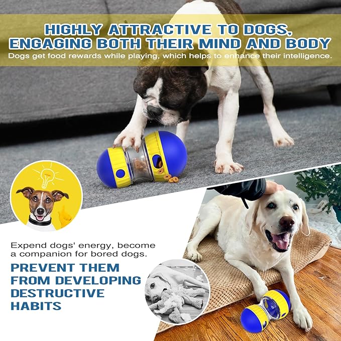Dog Treat Dispensing Puzzle Toy Adjustable Food Dispenser Slow Feeder Puppy Enrichment Training Rolling Ball Pet Interactive Chase Toys for Small Medium Large Dogs to Keep Them Busy