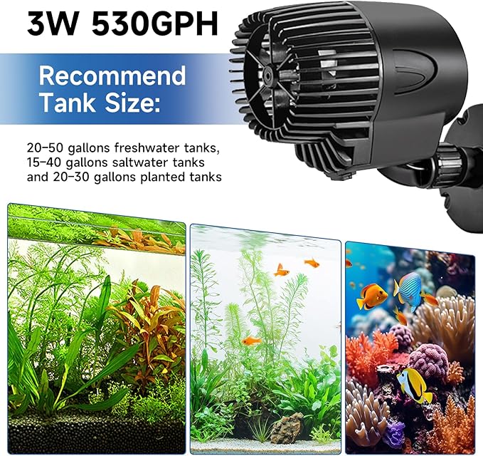 AQQA Wave Maker Pump, 530GPH Aquarium Circulation Pump 360 Degree Rotatable Submersible Powerhead Pump with Magnet Suction Base for Marine and Freshwater Aquariums（3W)