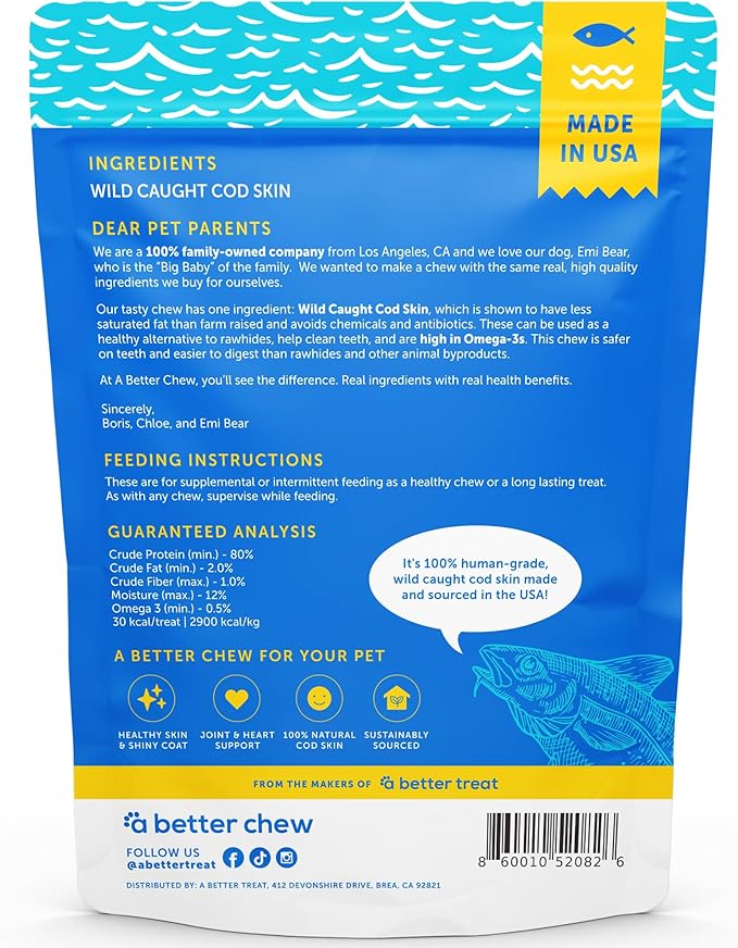 A Better CHEW – Wild Caught Cod Skin Dog Treats | Sourced and Made in The USA, Single Ingredient, Dehydrated | Natural, Healthy Alternative to Rawhides + Bully Sticks, Long Lasting Chew