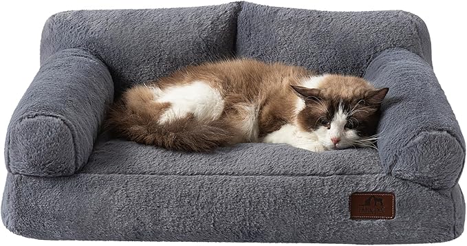 Hollypet Fluffy Plush Dog Cat Pet Couch Soft Calming Sofa Bed for Medium Small Cats and Dogs, Gray