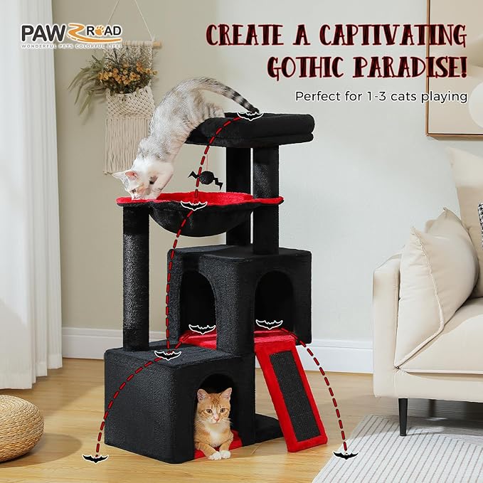 PAWZ Road Large Cat Tree, 41 Inches Gothic Cat Tower with 2 Spacious Condos for Indoor Cats, Large Black Cat House with Comfy Hammock, Padded Perch, Scratching Pad and Replaceable Balls-Black