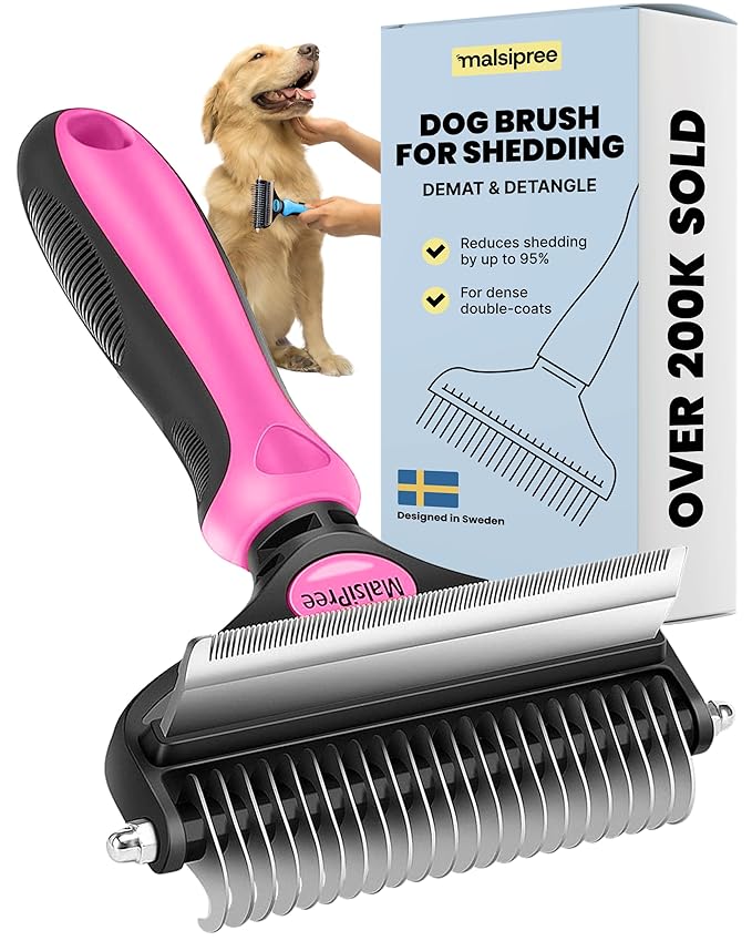 MalsiPree Dog Brush for Shedding - 2 in 1 Undercoat Rake Deshedding Tool for Medium to Large Double-Coated Dog Grooming - Pet Dematting Comb - Pet Deshedder (Pink)