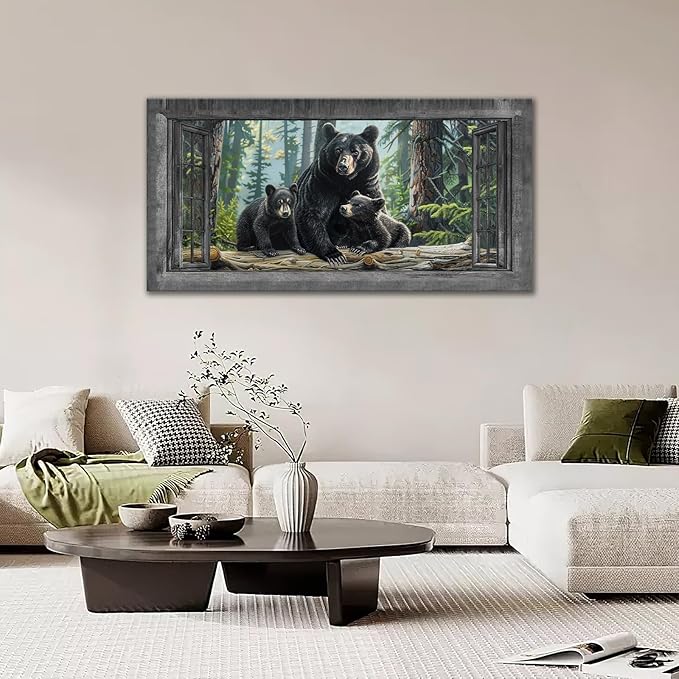 Large Wall Art Black Bear Canvas Cabin Living Room Pictures Prints Forest Oversize Wall Decor Animal Painting Artwork for Bedroom Dining Office Home 60"x30"