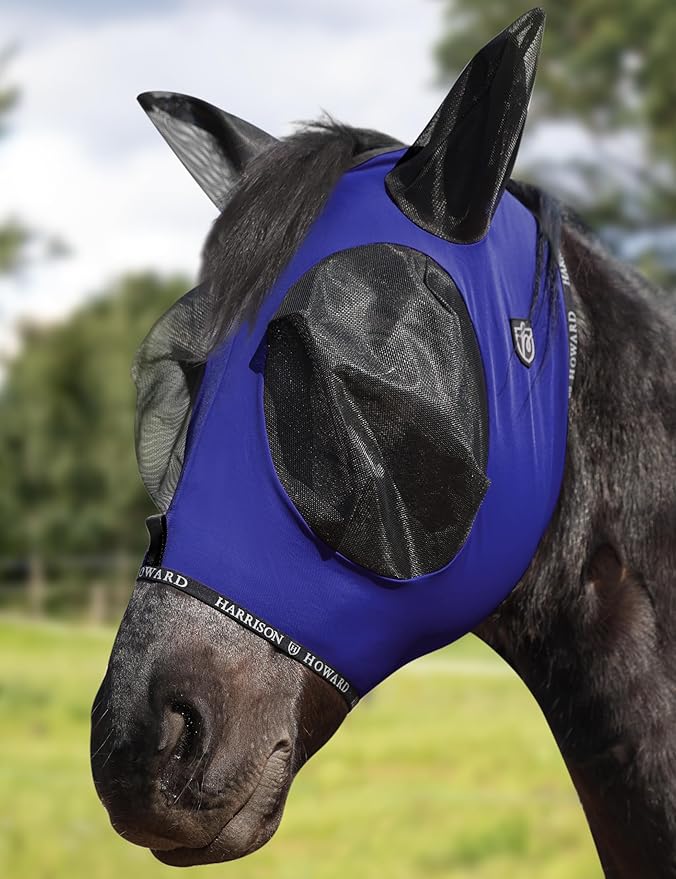 Harrison Howard Horse Fly Mask with Forelock Opening Stretch Breathable and Comfortable for Horses UV -Protection Navy L