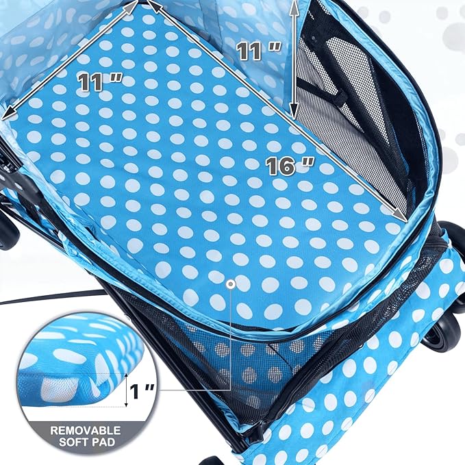 MoNiBloom 4 Wheels Pet Stroller, Easy-Fold Umbrella Shaped Dog Cat Jogger Stroller w/Storage Bag & Visible Mesh for Small/Medium Dogs Cats Sky Blue Polka Dots