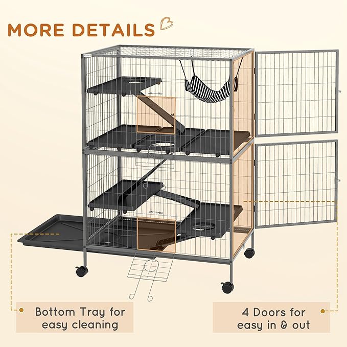 PawHut 50" 5-Tier Small Animal Cage, Ferret Cage, Large Chinchilla Cage with Hammock Accessory & Heavy-Duty Steel Wire, Small Animal Habitat with 4 Doors, Removable Tray, Gray