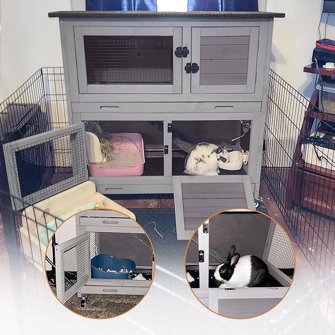 Rabbit Hutch Indoor Outdoor, Bunny Cage with Casters, Guinea Pig Cage Bunny Hutch with Two Plastic Trays 36inch