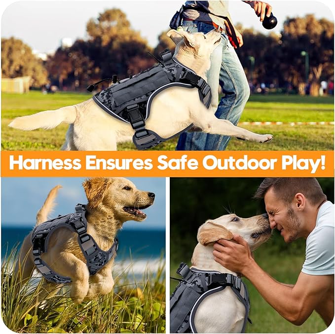 Heavy-Duty Tactical Dog Harness for Large Dogs, No Pull Adjustable Reflective Pet Vest with Molle System, K9 Military-Grade Control for Service Training, Outdoor & 10+ Breeds, Gray Camo, X-Large