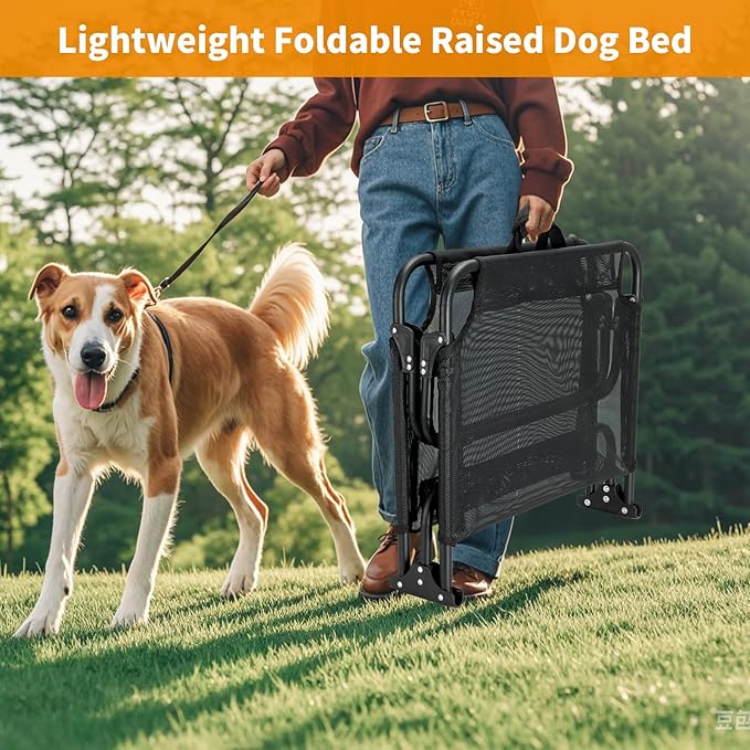 Elevated Dog Bed Large Sized Dog Cots Beds for Large Dogs Foldable Raised Dogs Beds Outdoor Cooling Chew-Proof, No Assembly Need, Black