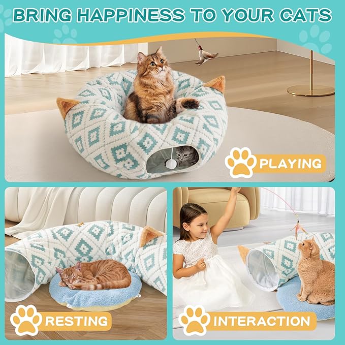 Cat Tunnel Bed with Soft Cushion, Cat Donut Tunnels for Indoor Cats, Peekaboo Cat Cave Toy, Multifunctional Playground Toys for Kittens, Rabbit, Blue Jacquard Pattern