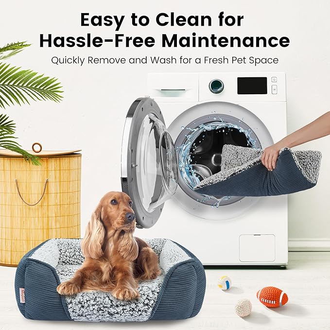 Miguel Washable Dog Bed with Removable Cushion for Medium Small Dogs, Easy to Wash Pet Sofa Bed with Side, Rectangle Bolster Cat Bed Calming Cuddle Puppy Bed with Anti-Slip Bottom, Blue 30 Inch