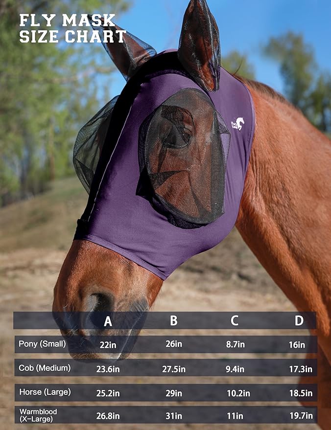 Horse Fly Mask with Ears, UV Protection for Horses, Elasticity with Big Mesh Eye Covers, Snug Fitting Comfortable Breathable Lightweight for Horses Deep Purple Cob