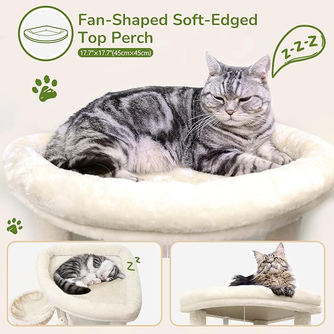 Globlazer Corner Cat Tree Tower with Scratching Post for Indoor Cats, 51in Plush Multi-Level Cat Tower with Large Hammock, Fan-Shaped Padded Perch, Spacious Cat Condo, Hanging Basket, C51, Light Beige