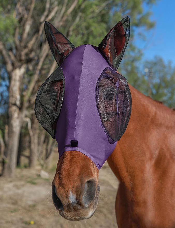 Horse Fly Mask with Ears, UV Protection for Horses, Elasticity with Big Mesh Eye Covers, Snug Fitting Comfortable Breathable Lightweight for Horses Deep Purple Cob