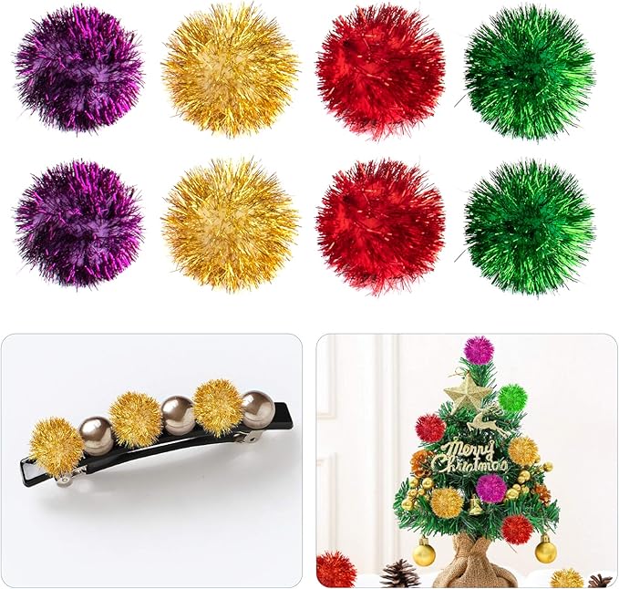 AUEAR, 12 Pack 2 Inch Sparkle Ball Shiny Glitter Tinsel Pom Poms Interactive Cat Balls for Kittens (4 Colors, 12 Inch-12 Pack)