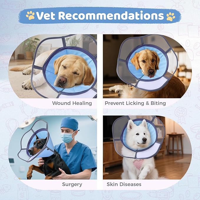 Soft Dog Cone Collar After Surgery Recovery,Adjustable E-Collar with Removable Shield,Lightweight,Breathable Anti-Licking Protective Cone for Large,Medium,Small Pets (Blue, M (Neck:12''-15''))