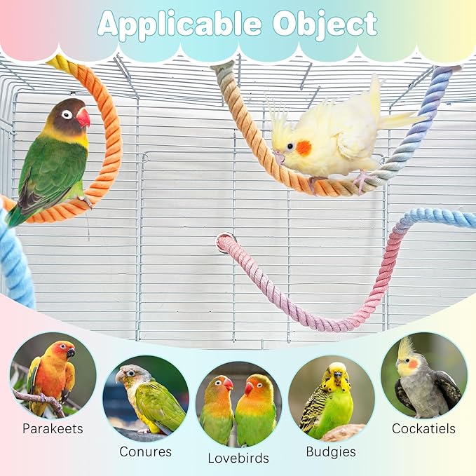 BNOSDM Bird Rope Perch with Stand Perch Toy Set Bendable Rope Perches Wooden Spinning Exercise Wheel Toy Parrot Cage Accessories for Parakeets, Conures, Lovebirds, Budgies, Cockatiels (Rainbow Color)