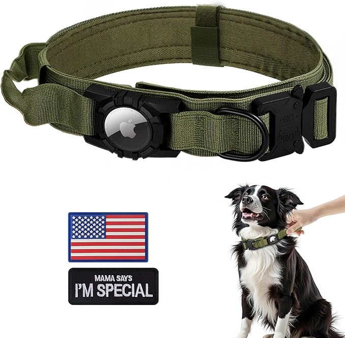 Tactical AirTag Dog Collar - Heavy Duty, Adjustable GPS Collar Compatible with Apple AirTag, with Holder & Control Handle for Medium/Large Dogs [ Green, M ]