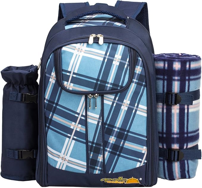 Apollo Walker Picnic Backpack Bag for 2 Person with Cooler Compartment, Detachable Bottle/Wine Holder, Fleece Blanket, Plates and Cutlery (Blue)