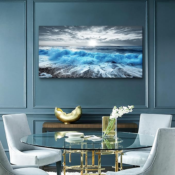 Lapremoly Large Canvas Wall Decor For Office Framed Wall Art For Living Room Blue Beach Painting Ocean Sea Waves Wall Pictures Bedroom Home Decorations Prints Posters Mural Artwork Ready to hang