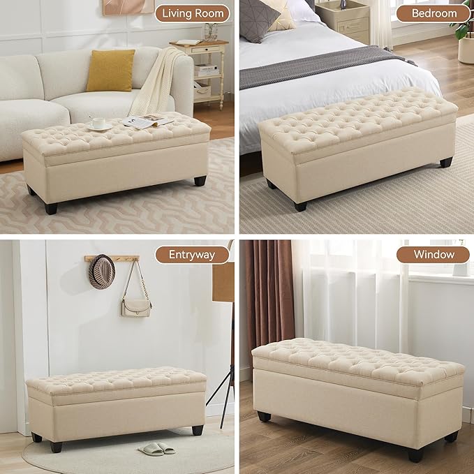 51" Fabric Storage Ottoman Bench, Upholstered Rectangle End of Bed Storage Ottoman Tufted Living Room Bedroom Bench with Safety Hinge, Solid Wood Legs, Loads 500 lb(Khaki)