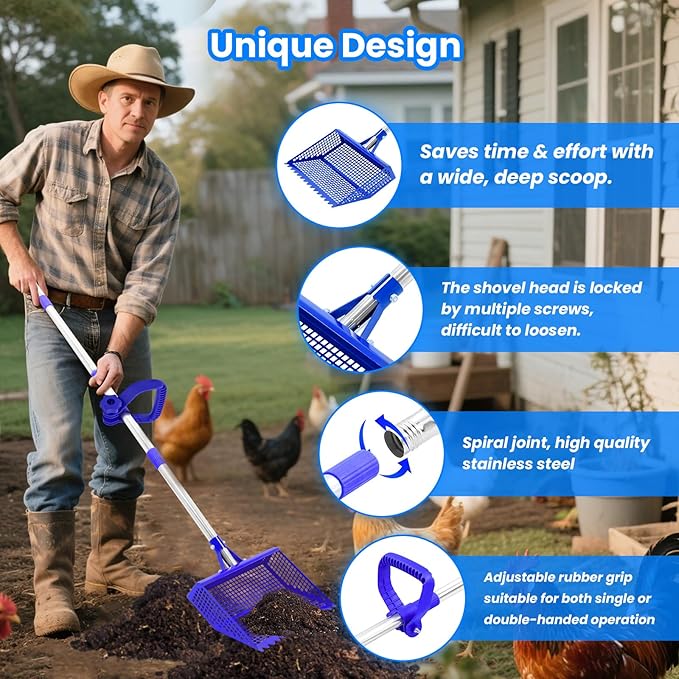 Chicken Poop Scooper Rake 2-in-1, Metal Shovel Head Chicken Coop Accessories, Adjustable 304 Stainless Steel Handle, Litter Scooper Sand Sifting for Chicken Coops Small Farm Animals(36" to 62")