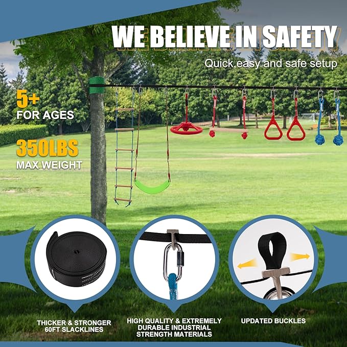 Slsy 60FT Ninja Warrior Obstacle Course (10 Obstacles), Ninja Slackline Kit for Kids, Durable Playset Equipment with 10 Complete Set-Monkey Bar,Swing, Climbing Ladder & Net