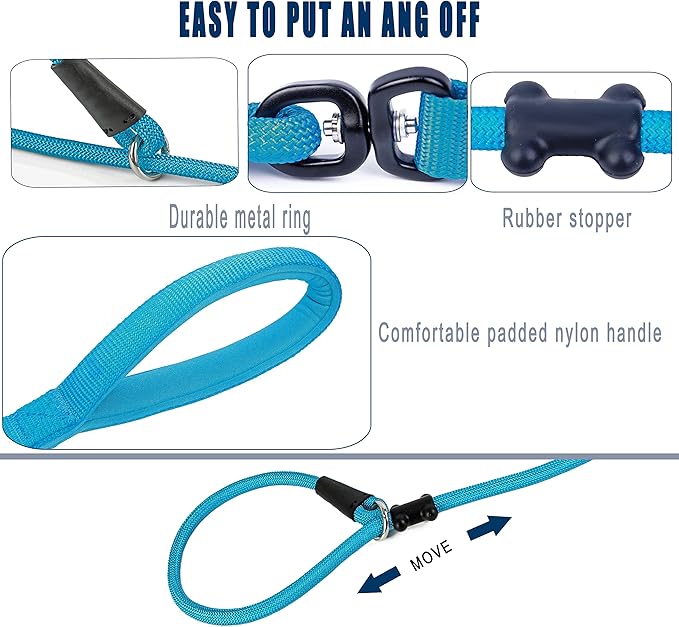Slip Lead Dog Leash，Strong Nylon Rope Leash and Padded Handle,No Pull Outdoor Walking Training Lead for Small Medium Large Dogs(Blue,1/2"×4ft)