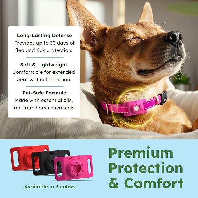 BugMD Paw Guardian Flea & Tick Pendant (3-Pack) with AirTag Holder – Plant-Based Flea & Tick Prevention for Dogs – Pet Collar Tag & GPS Tracker Holder for Dogs – Pink