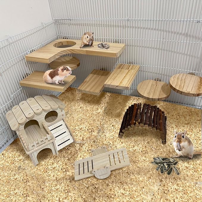 Wooden Chinchilla Cage Platforms Set 7 Pack Wood Shelves for Rat Cage Corner Ledges Small Animal Climbing Steps Standing Board for Juvenile Squirrel Gerbil Accessories