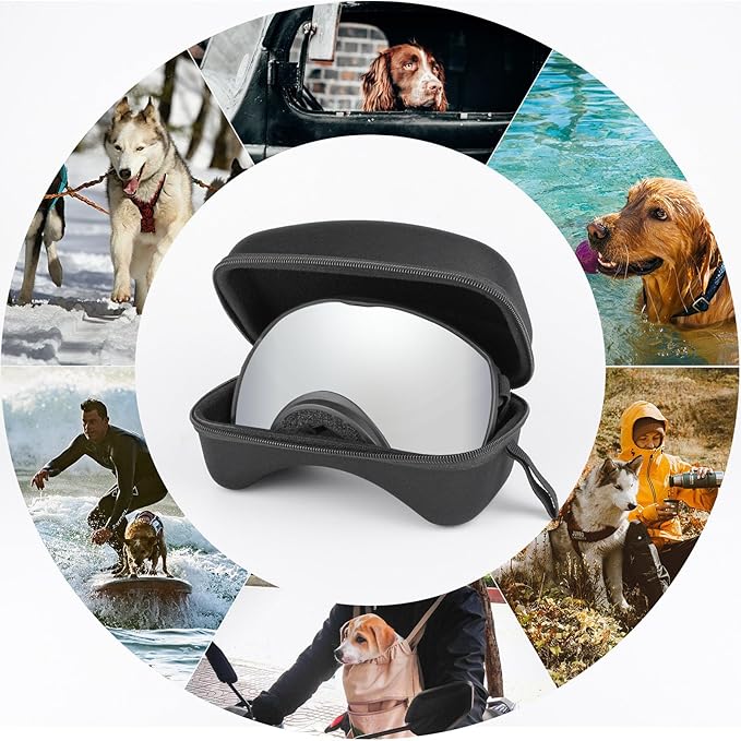 Dog Sunglasses UV Protection Clear Dog Goggles Windproof Glasses with Elastic Straps for Medium-Large Breed, Black Frame + Silver Lens