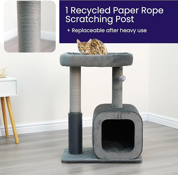 Catry 30" High 3 Level Modern Cat Tree with Large Base Condo,Removable Washable Top Bed, Recycled Paper Scratching Post, Self Grooming Brush, for Small Medium Cat(Dim Gray)