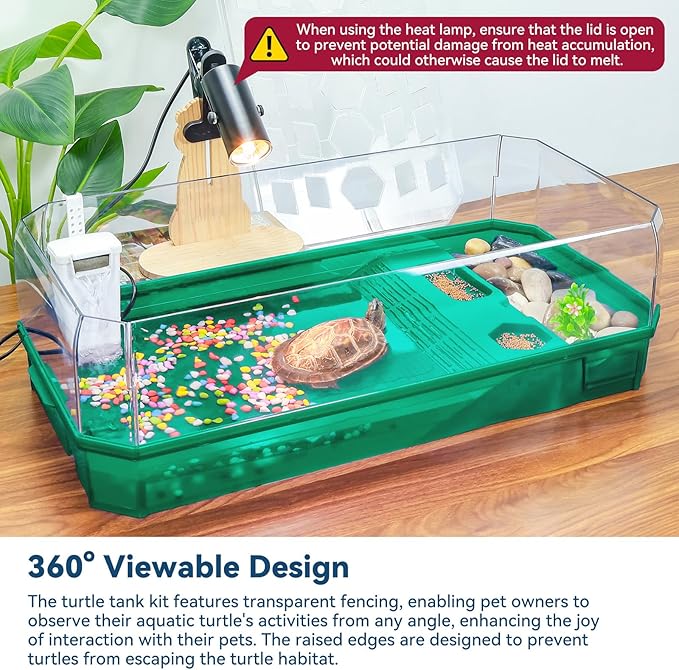 Aquatic Turtle Tank Habitat Kit Stone+Filter+Heat Lamp Enhancing Interaction with 360° Viewing, Standalone Filtration, DIY Creative Zone, Enriched Living (Green, X-Large[with Light])