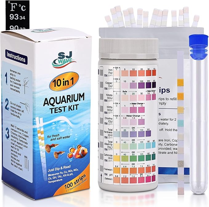 10 in 1 - Aquarium Test Strips | 100 Fast & Accurate Strips | Fish Tank Aquariums Water Test Kit & ebook | Aquarium Thermometer | Fish Tank Water Testing Kit for Fresh & Saltwater | Versatile Usage