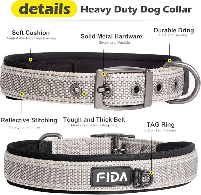 Fida Heavy Duty Dog Collar, Ultra Comfortable Soft Neoprene Padded, Adjustable Reflective Nylon Pet Collar with Durable Metal Belt Buckle for Small Breeds (S, Grey)
