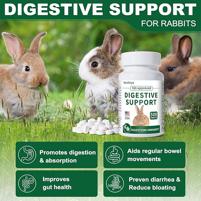500 Tablets, Digestive Support Rabbit, Support GI Stasis, Bloat, Constipation, and Diarrhea, Strengthens Immune System, Premium Formula with High Fiber, Vitamins and Probiotics, Non-GMO