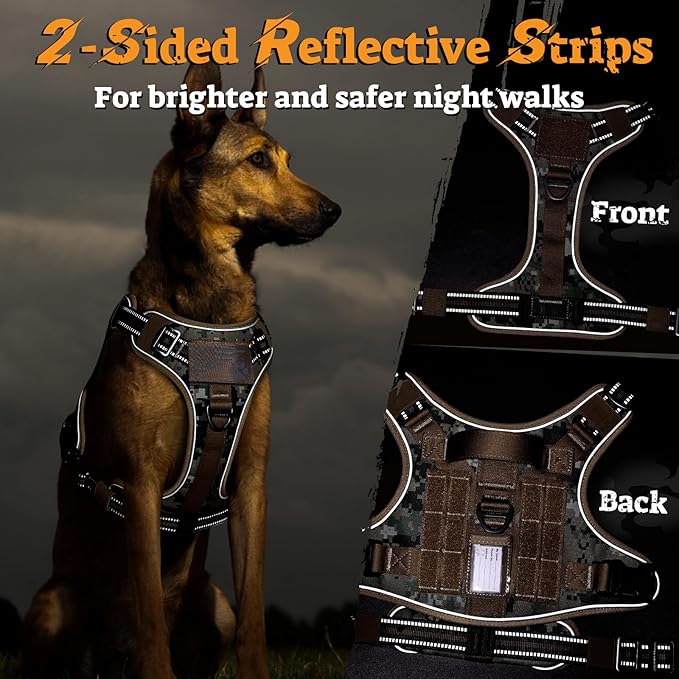 rabbitgoo Dog Harness Medium Sized No Pull, Tactical Service Pet Vest with Molle and Control Handle, Adjustable and Reflective Military Harness for Easy Walking and Training, Brown camo, M