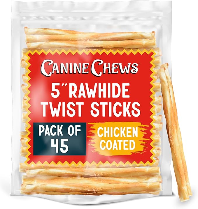 Canine Chews 5" Chicken Coated Sticks - Pack of 45 USA-Sourced Rawhide Dog Treats - Protein-Dense Wrapped Chews With 100% Real Chicken Coating