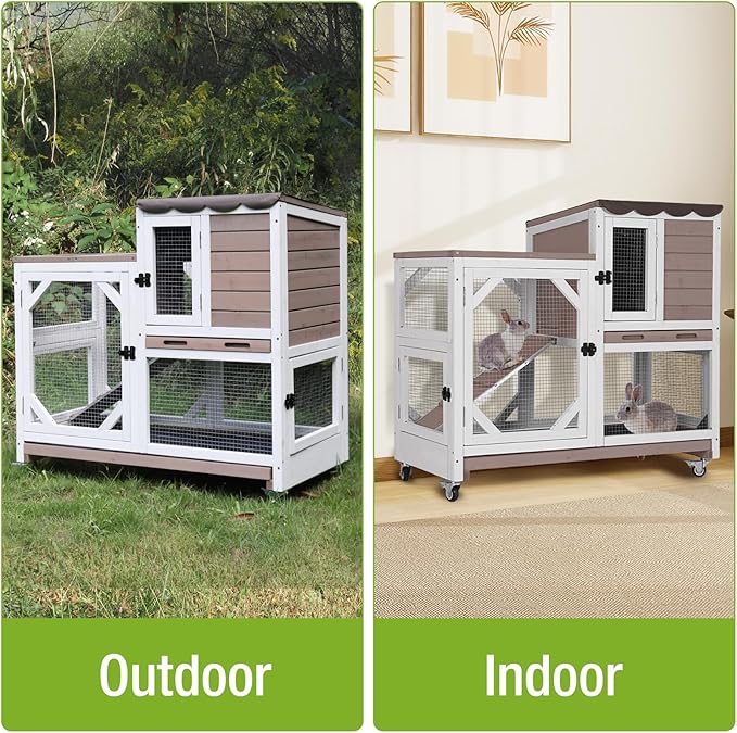 Wooden Rabbit Hutch with Two Story, Bunny Cage with Leak-Proof Trays, and Chew-Proof Ramp, Guinea Pig Cage with Wheels, Suitable for Indoor/Outdoor Use (Brown)